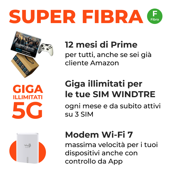 Super Fibra, 12 mesi di Prime, Giga illimitati per i tuoi smartphone, Modem Wi-Fi 7